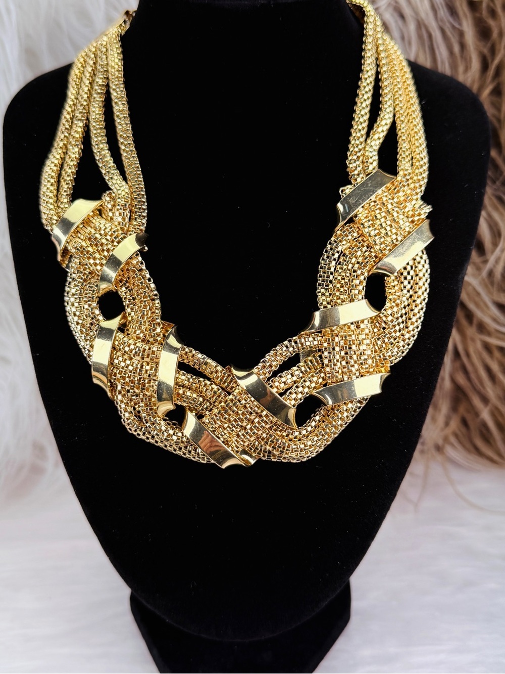 Goldtone Multi Strand Mesh Knot Bib Statement Necklace Sculptural Runway Glam